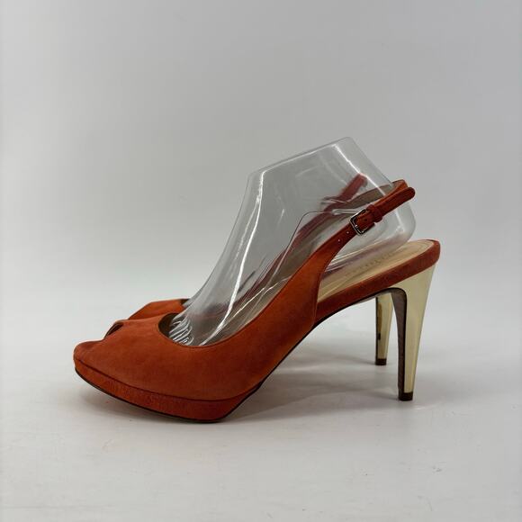 Cole Haan Sz 10.5 Peep Hole Suede Orange Gold Heel Sling Back - Picture 13 of 13